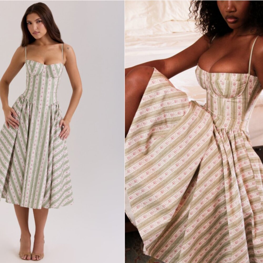 House of CB 'Samaria' sage striped floral print cotton midi dress NWT